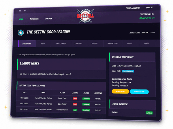 Fantasy league home showing standings, scoring periods, and team rosters