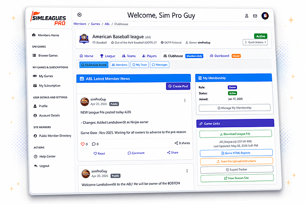 League clubhouse showing team owner page with news feed, standings, and community activity