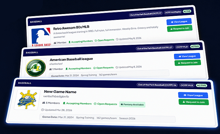 League discovery grid showing open leagues with sport type, season status, and join options
