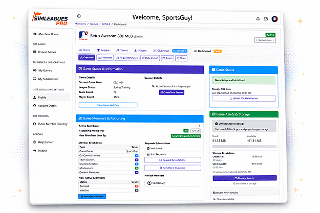 Commissioner dashboard showing league setup, member management, and season controls
