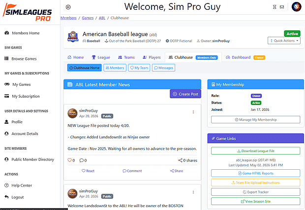 Sim League Clubhouse page screenshot