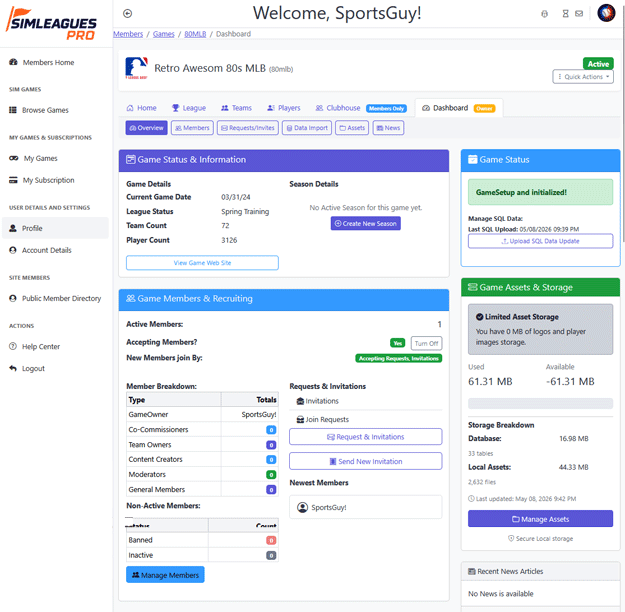 SimLeaguesPro Sim League ownr Management dashboard