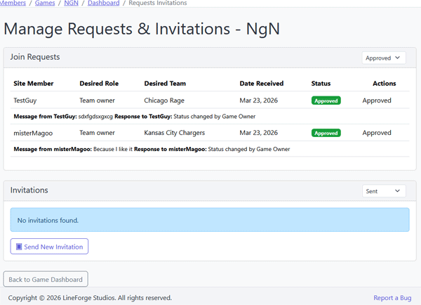 League invitations and requests screenshot showing workflow for managing invitations and requests