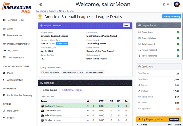 Public league homepage screenshot showing standings, schedule, news, and join call to action
