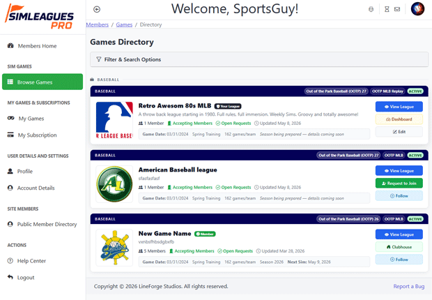 Leagues directory screenshot showing filters and league listings